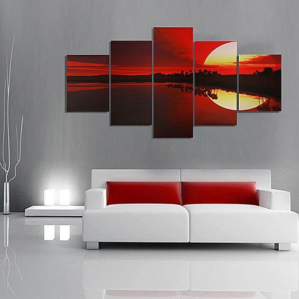5PCS Frameless Canvas Painting Red Dusk Lakeside Picture Modern Wall Art Home Decor - MRSLM