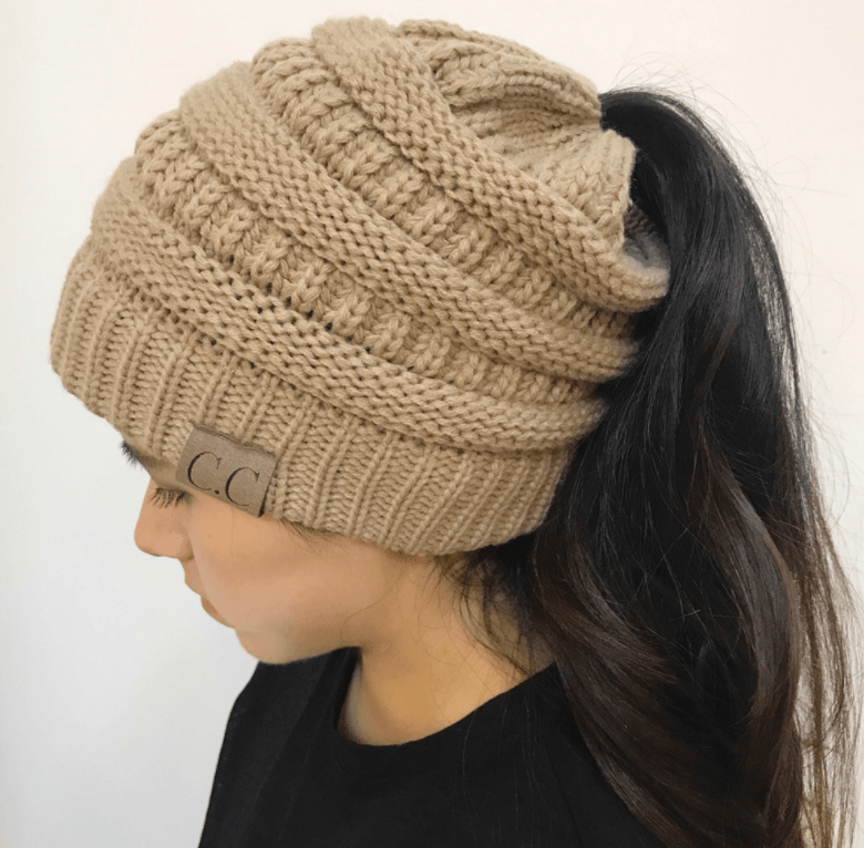 High bun ponytail cable knit beanie, view 20 - MRSLM