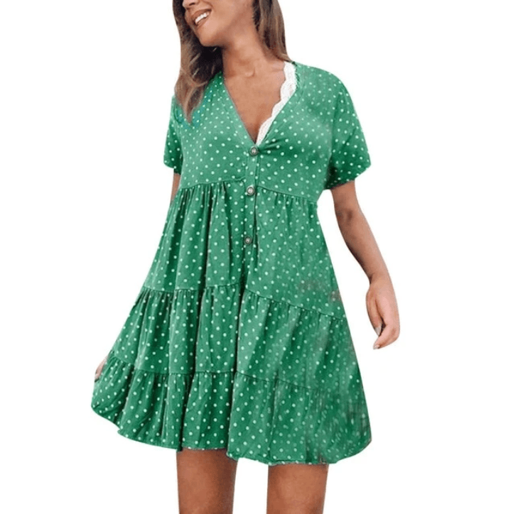 buttoned ruched polka dot dress, view 4 - MRSLM