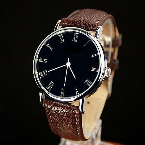 Men's Stylish Simple Roman Numerals Dial Faux Leather Band Quartz Wrist Watch - MRSLM