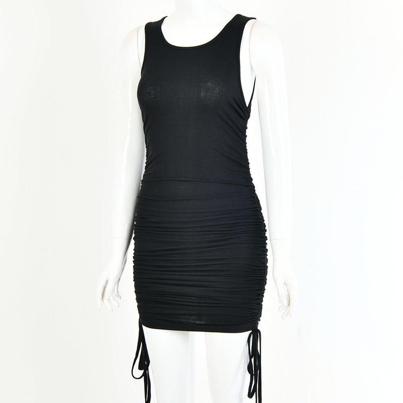 drawstring pleated hip-wrap vest dress, view 5 - MRSLM