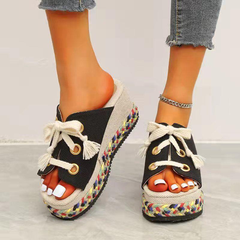 fish mouth linen platform beach sandals, view 3 - MRSLM