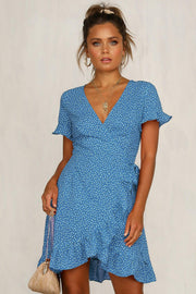 Printed V-neck lace-up ruffled dress, view 3 - MRSLM