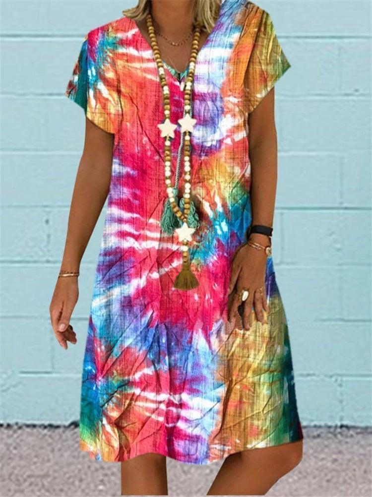 Multi-color Printed Short-sleeved V-neck Dress