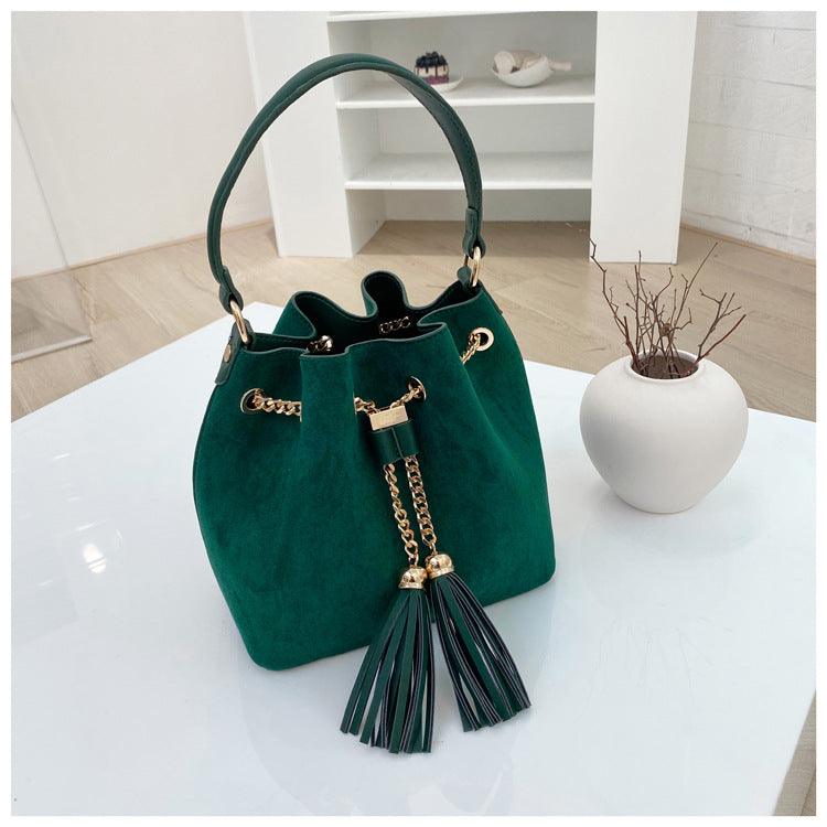women's plush drawstring bucket bag, view 5 - MRSLM