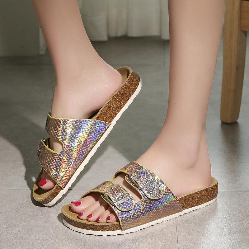 Double buckle flip flop cork slippers, view 7 - MRSLM