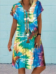 Women's multi-color printed V-neck dress, view 4 - MRSLM