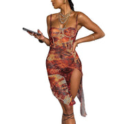 one-shoulder slim printed dress, view 2 - MRSLM