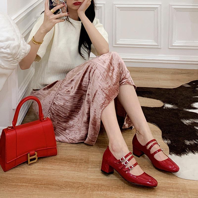Women's Shoes with Square Toe Thick Heel Buckle