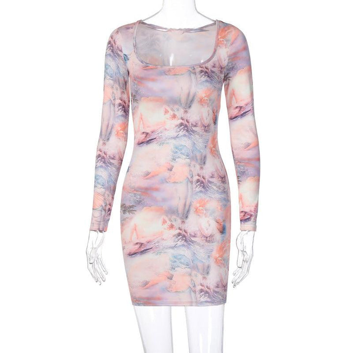 U-neck short skirt sexy fashion long sleeve dress - MRSLM