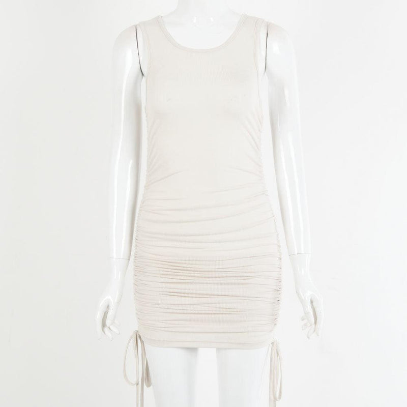 drawstring pleated hip-wrap vest dress, view 6 - MRSLM