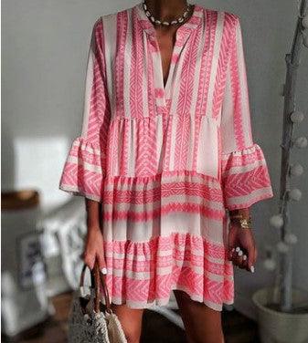 striped v-neck three-quarter sleeve dress, view 5 - MRSLM