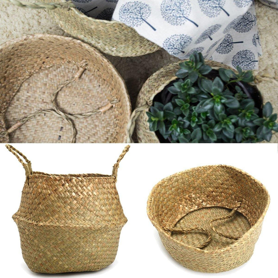 1/2 Pcs Rattan Belly Storage Baskets Laundry Holder Plants Flower Pot Home Decor - MRSLM