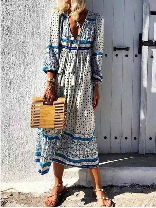 bohemian long sleeve v-neck pullover dress, view 5 - MRSLM