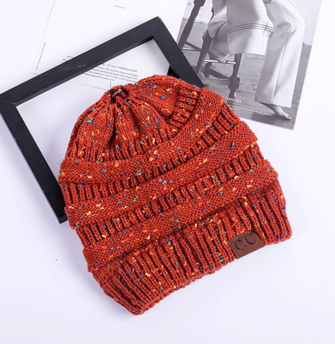 High bun ponytail cable knit beanie, view 3 - MRSLM