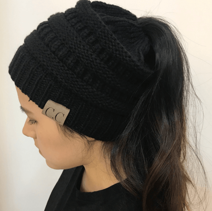 High Bun Ponytail Beanie Hat Chunky Soft Stretch Cable Knit Warm Fuzzy Lined Skull Beanie Acrylic Hats Men And Women - MRSLM