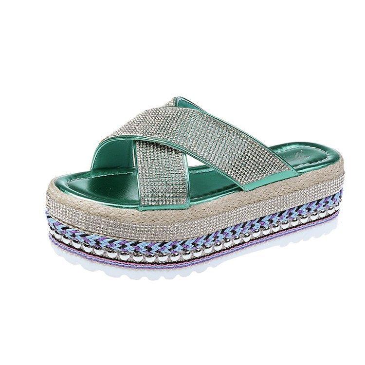 Women's cross rhinestone woven platform slippers, view 4 - MRSLM