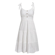 White lace hole embroidery solid color strap dress - MRSLM