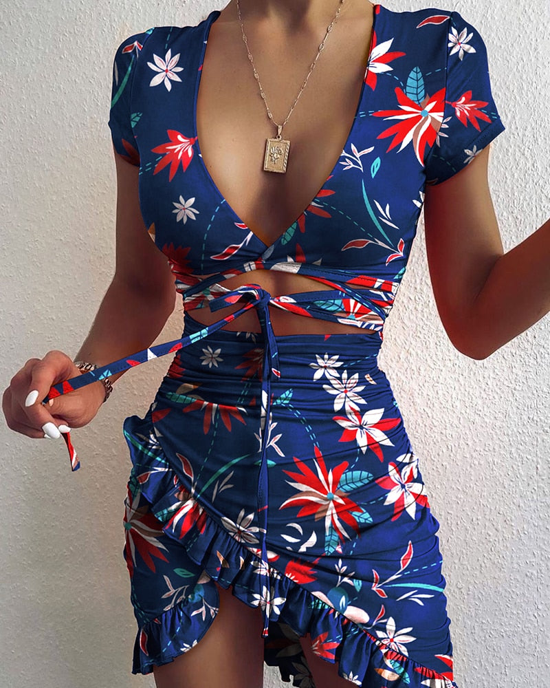 women's flower printed mini dress, view 2 - MRSLM