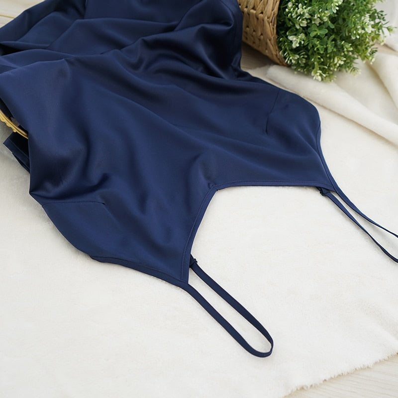 women's spaghetti strap satin dress, view 18 - MRSLM