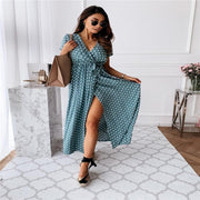 v-neck bohemian polka dot long dress, view 2 - MRSLM