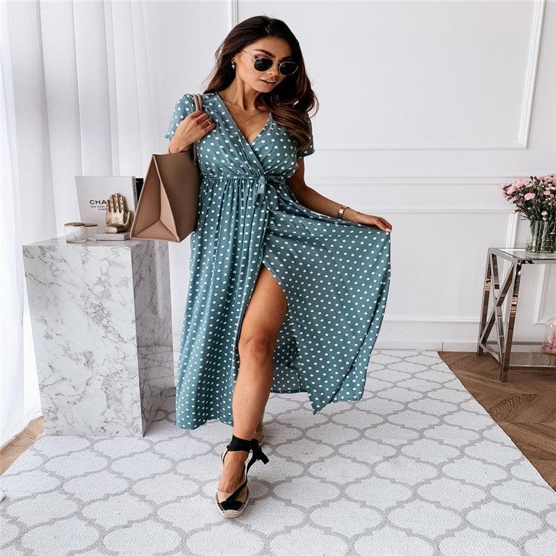 v-neck bohemian polka dot long dress, view 2 - MRSLM