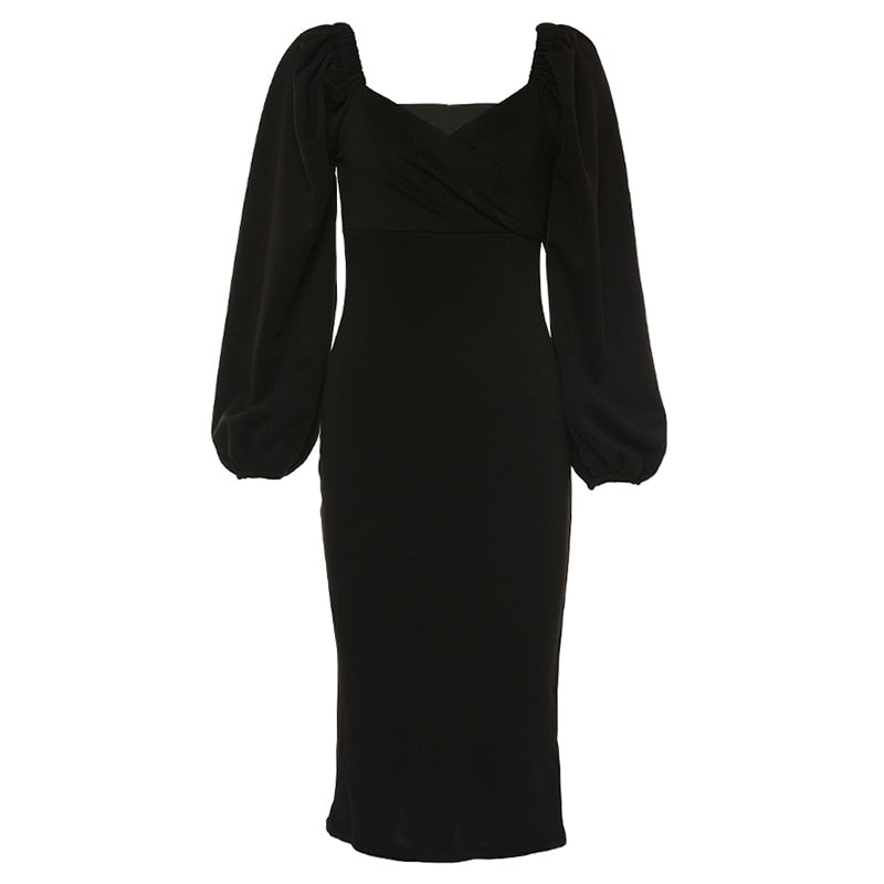 v-neck lantern sleeve dress, view 4 - MRSLM