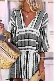 striped v-neck three-quarter sleeve dress, view 6 - MRSLM