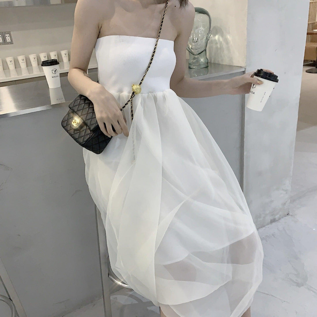 Two-tone Tube Top Dress Mesh Skirt