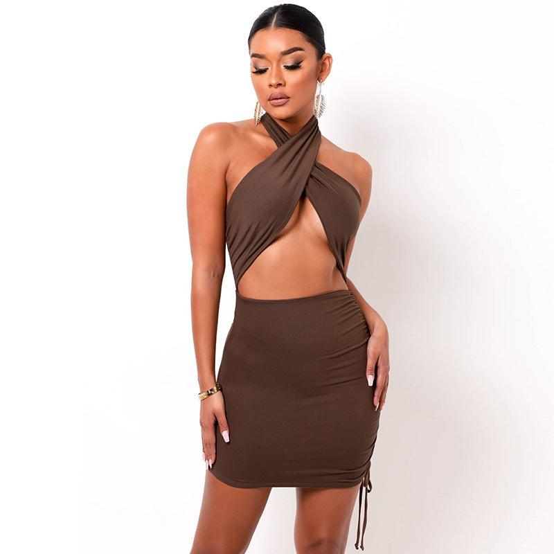 solid color cross halter dress, view 4 - MRSLM