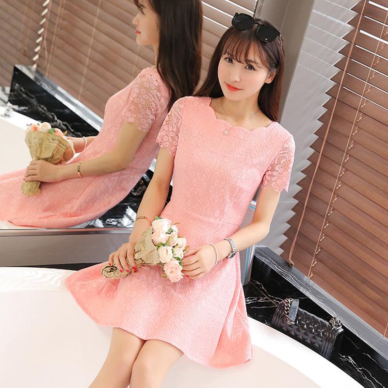 pure color lace short sleeve dress, view 4 - MRSLM