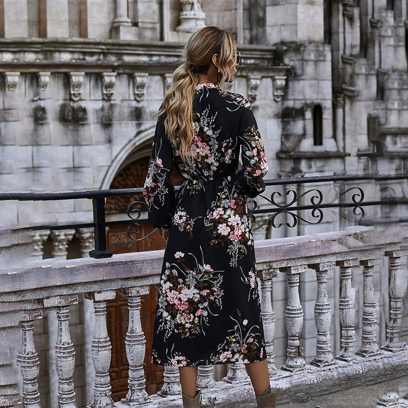 women's puff sleeved floral printed dress, view 5 - MRSLM