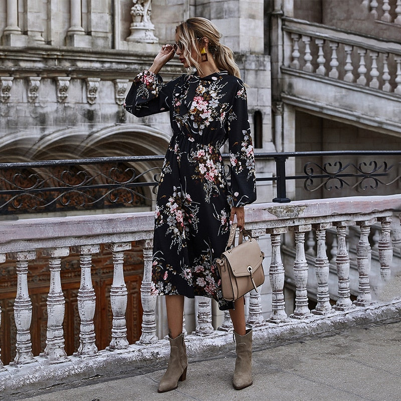 women's puff sleeved floral printed dress, view 3 - MRSLM
