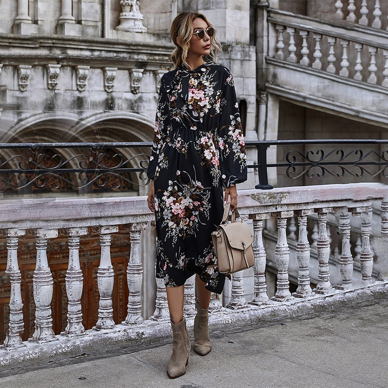 women's puff sleeved floral printed dress - MRSLM