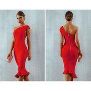 one shoulder women's bodycon dress with ruffles, view 4 - MRSLM