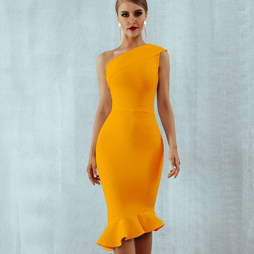 one shoulder women's bodycon dress with ruffles - MRSLM