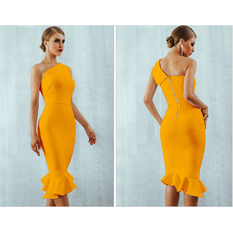 one shoulder women's bodycon dress with ruffles, view 3 - MRSLM