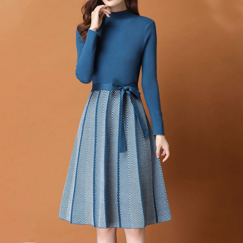 elegant pleated women's sweater dress, view 6 - MRSLM