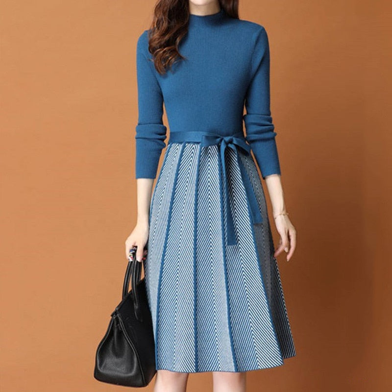elegant pleated women's sweater dress, view 3 - MRSLM