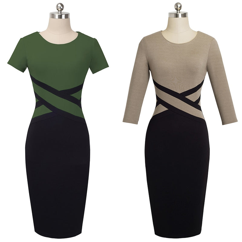 women's contrast color office bodycon dress, view 13 - MRSLM