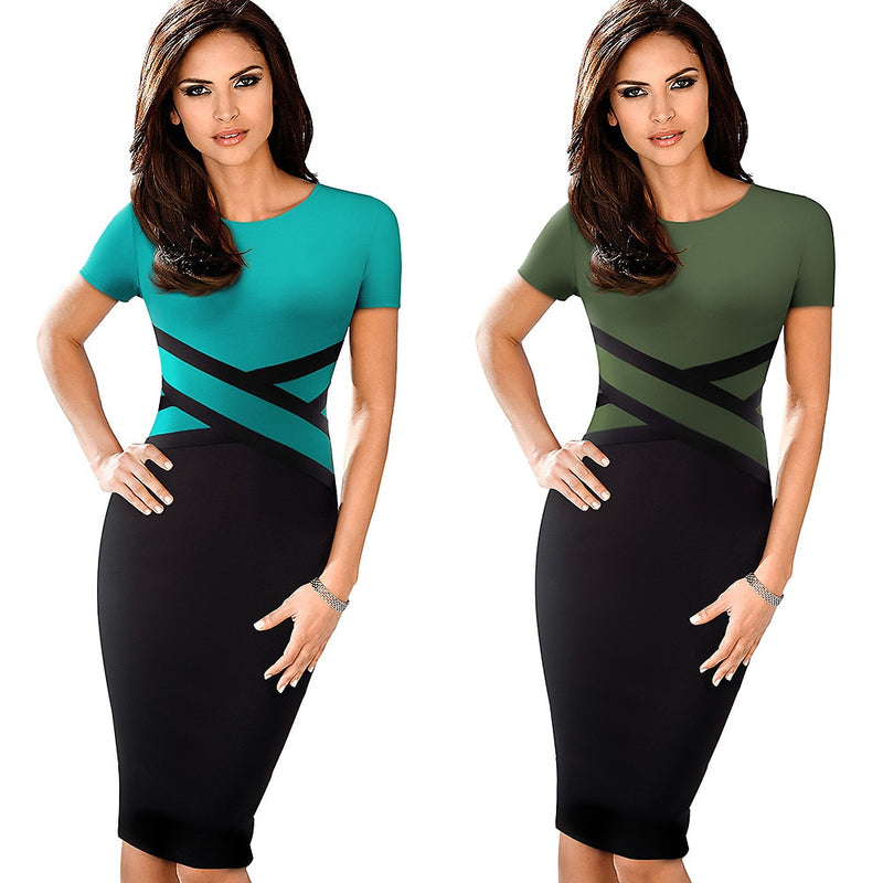 women's contrast color office bodycon dress, view 11 - MRSLM