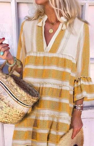 Striped Print V-neck Three-quarter Sleeve Dress