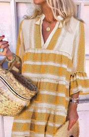 striped v-neck three-quarter sleeve dress, view 2 - MRSLM