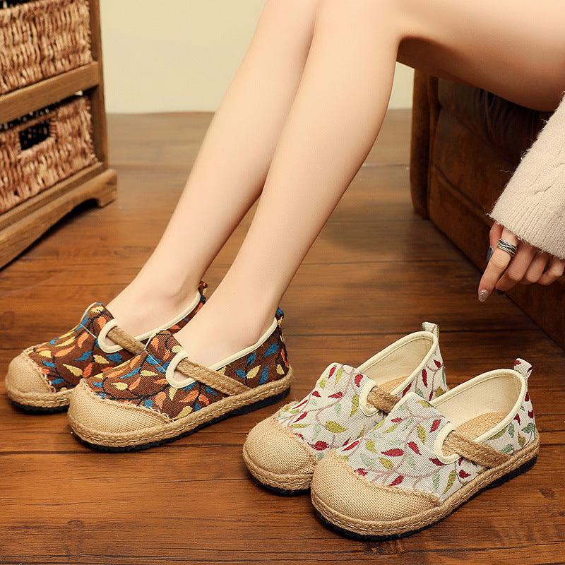 women's floral cotton linen flat shoes - MRSLM