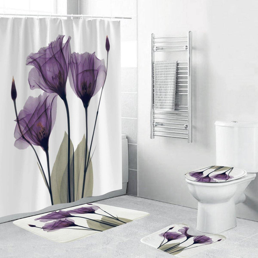 4Pcs Waterproof Home Bathroom Bath Mat Set Anti Slip Rugs Toilet Lid Cover Shower Curtain - MRSLM