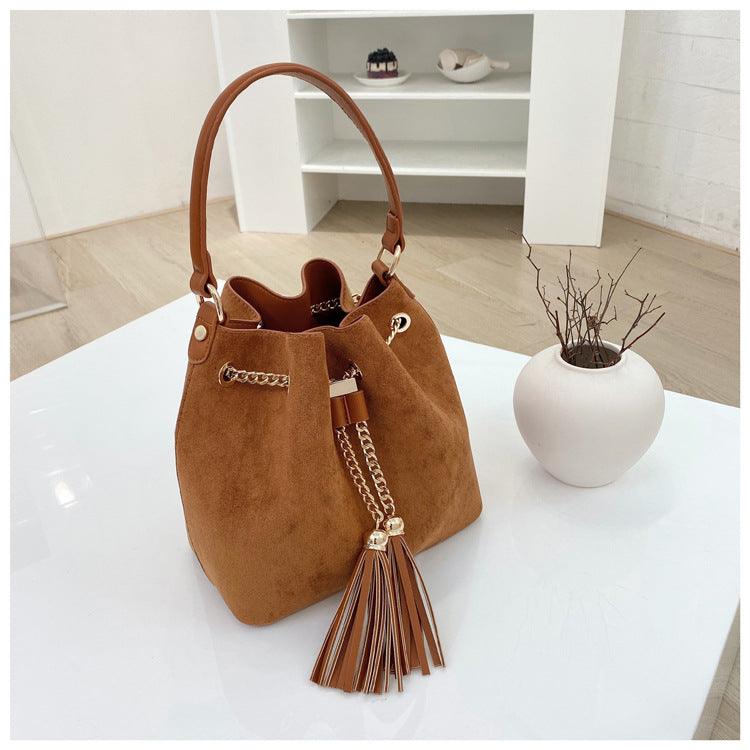 women's plush drawstring bucket bag, view 7 - MRSLM