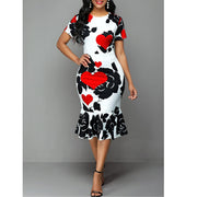 round neck printed slim ruffle dress - MRSLM