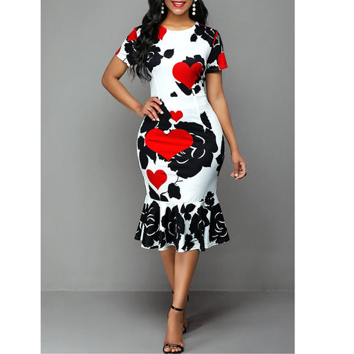 round neck printed slim ruffle dress - MRSLM