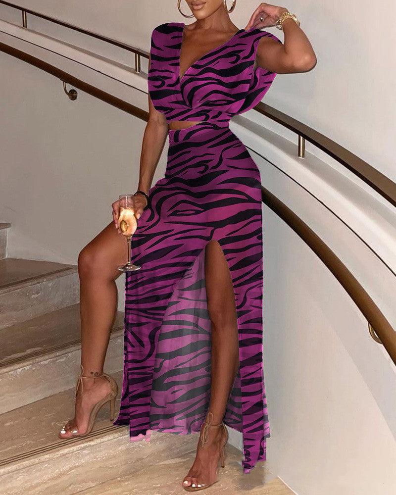 Women's black V-neck slit skirt suit, view 7 - MRSLM
