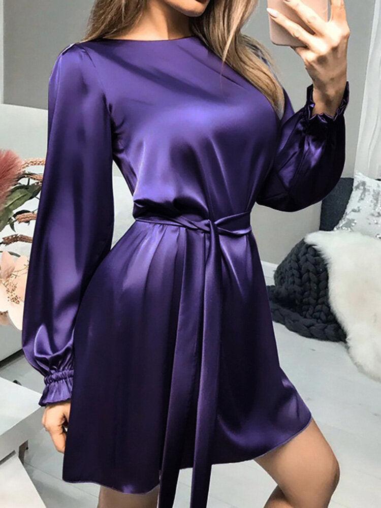 Women Satin Solid Puff Sleeve Knee Length Midi Dresses